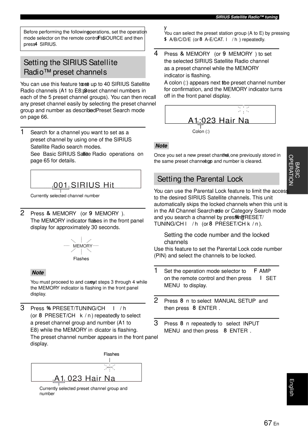 Yamaha RX-V863 owner manual Setting the Parental Lock, 67 En, Setting the code number and the locked Channels 