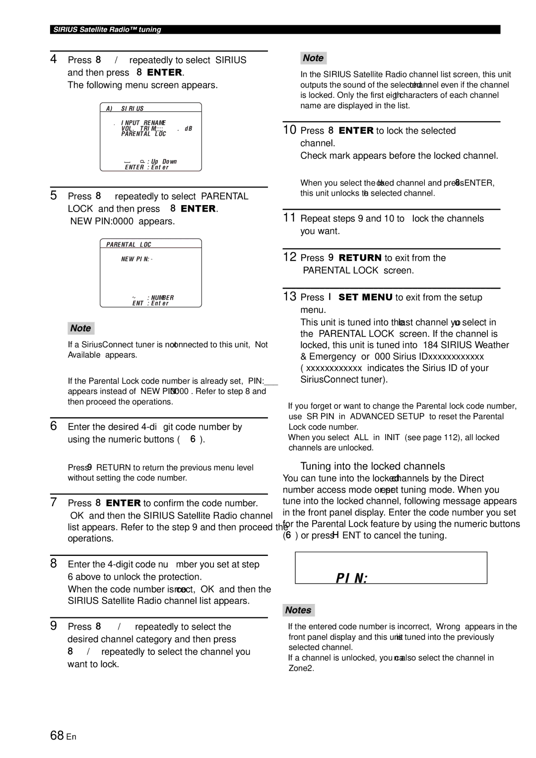 Yamaha RX-V863 owner manual 68 En, Tuning into the locked channels, Press 8ENTER to confirm the code number 