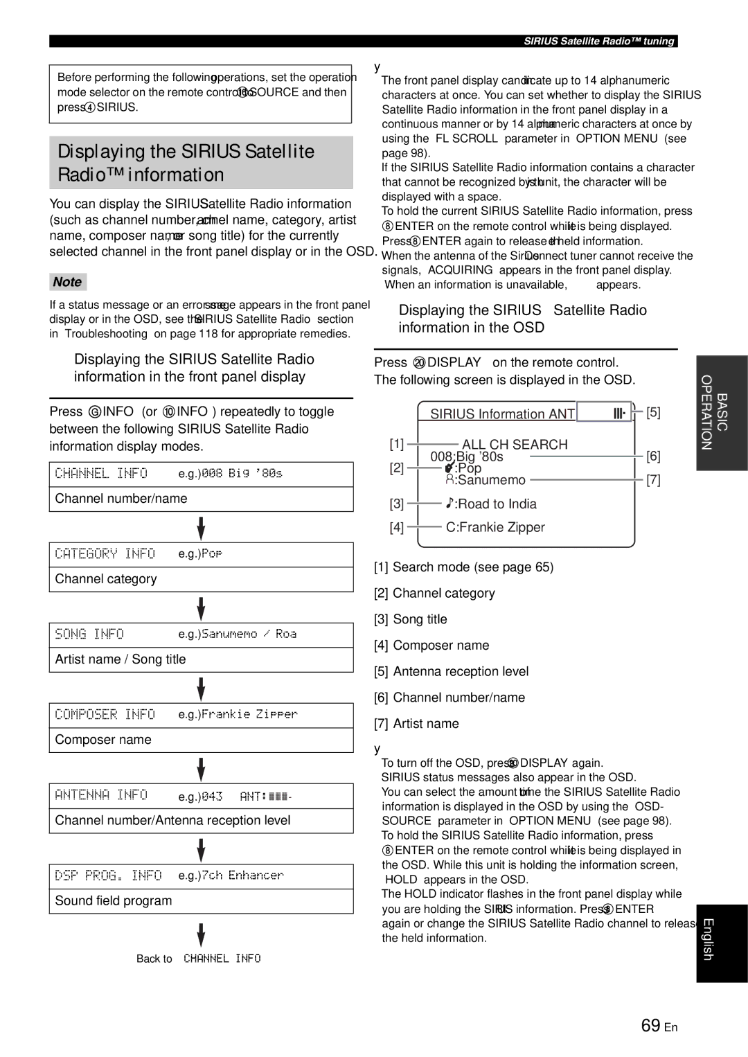 Yamaha RX-V863 owner manual 69 En, Composer Info, Sirius, Pop 