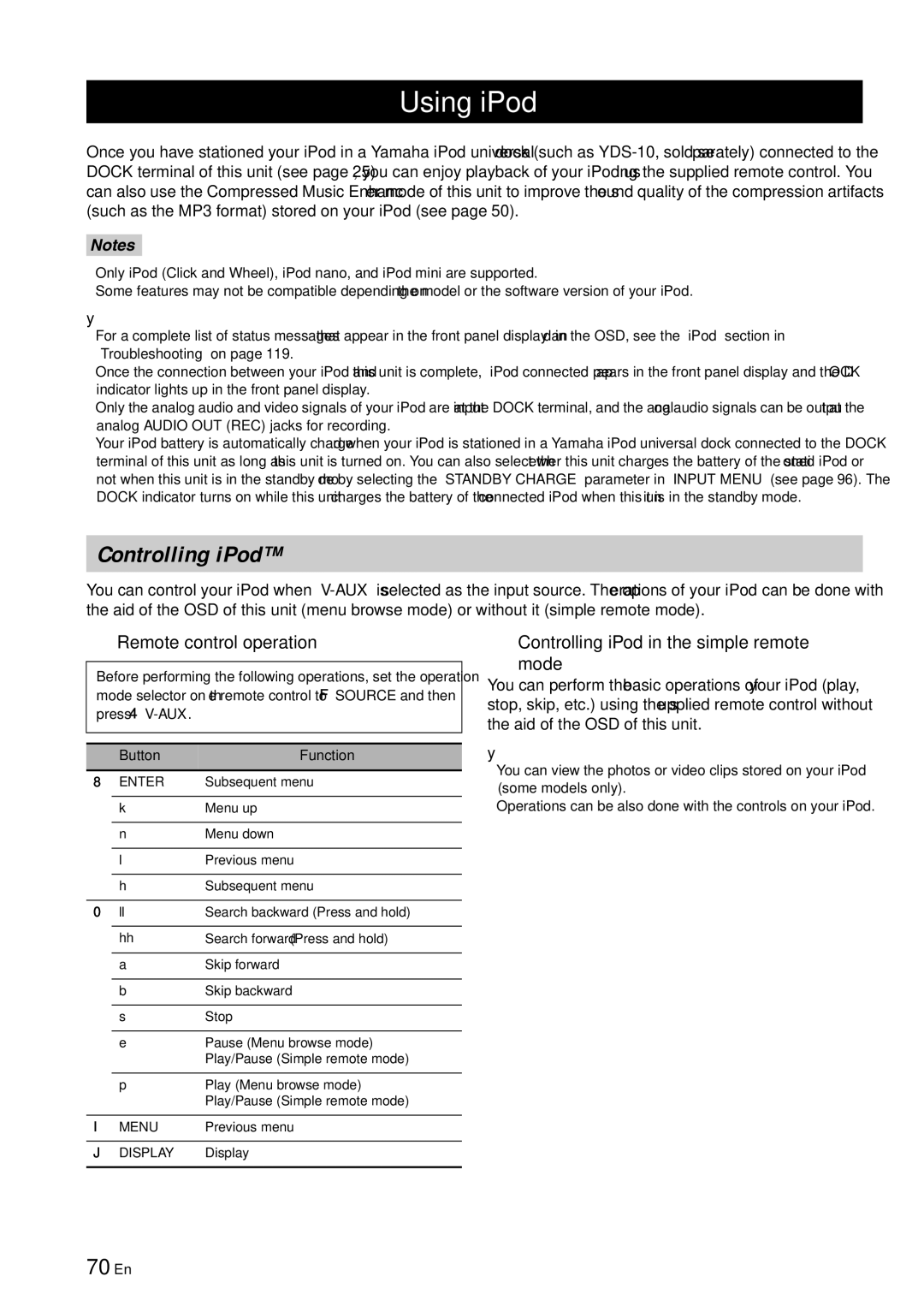 Yamaha RX-V863 owner manual Using iPod, 70 En, Remote control operation, Controlling iPod in the simple remote Mode 