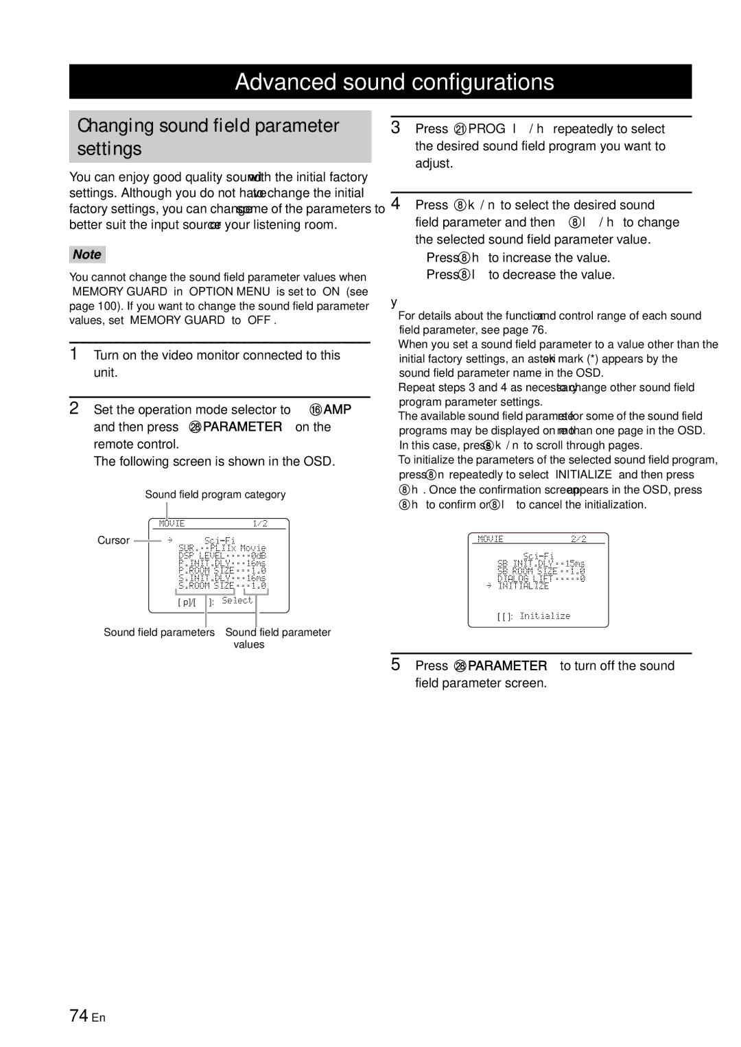 Yamaha RX-V863 owner manual Advanced sound configurations, Changing sound field parameter settings, 74 En 