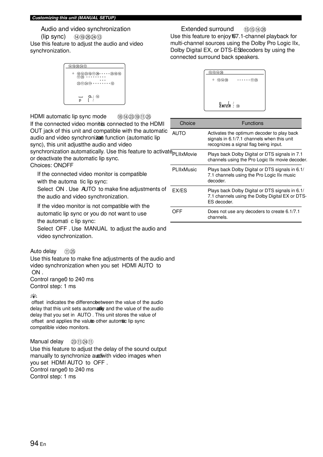 Yamaha RX-V863 owner manual 94 En, Audio and video synchronization Lip sync Dlipsync, Extended surround Eextd SUR 
