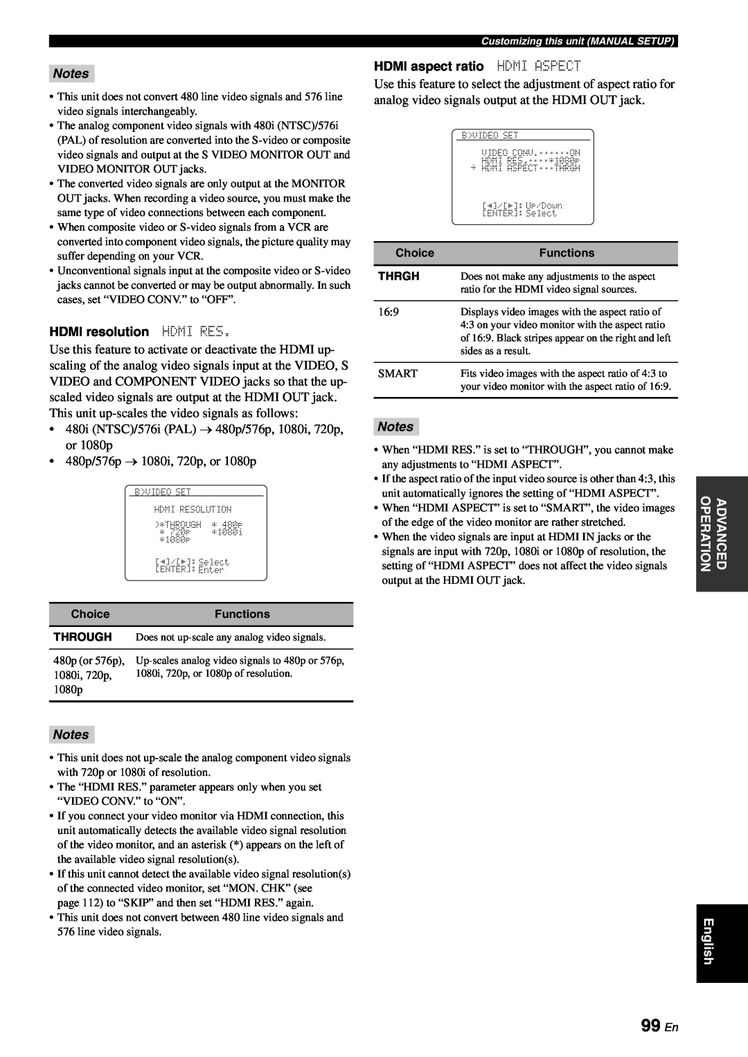 Yamaha RX-V863 owner manual 99 En, Notes, HDMI resolution HDMI RES, HDMI aspect ratio HDMI ASPECT 