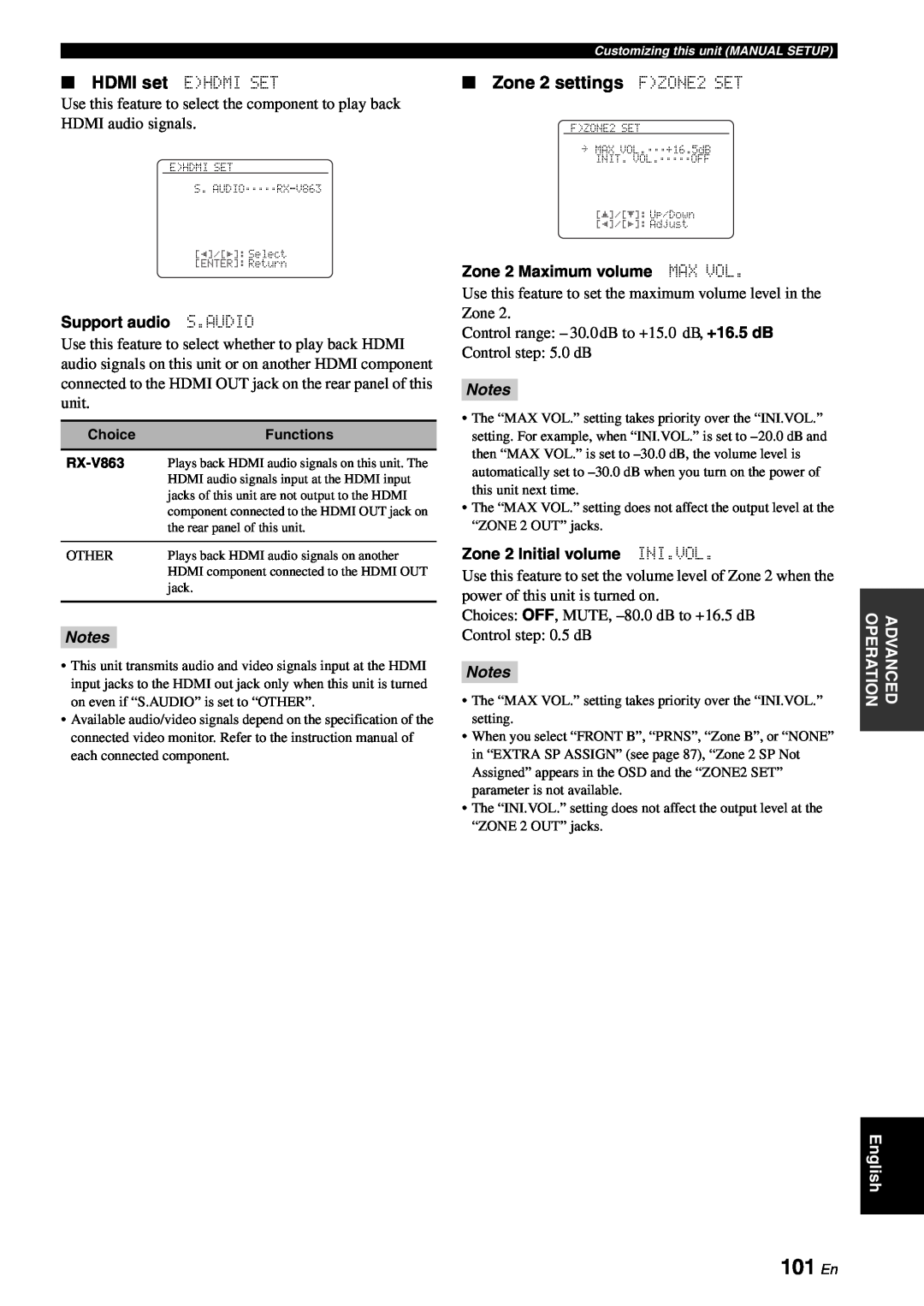 Yamaha RX-V863 owner manual 101 En, Zone 2 settings FZONE2 SET, Notes 