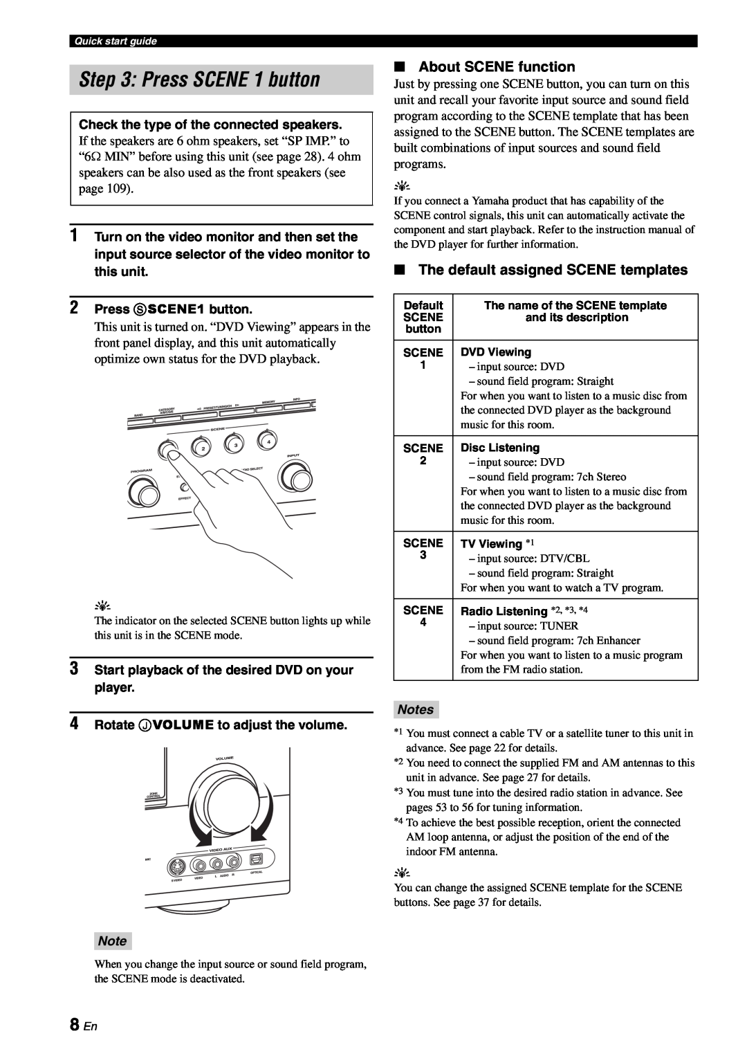Yamaha RX-V863 owner manual 8 En, About SCENE function, The default assigned SCENE templates, Press SCENE 1 button, Notes 
