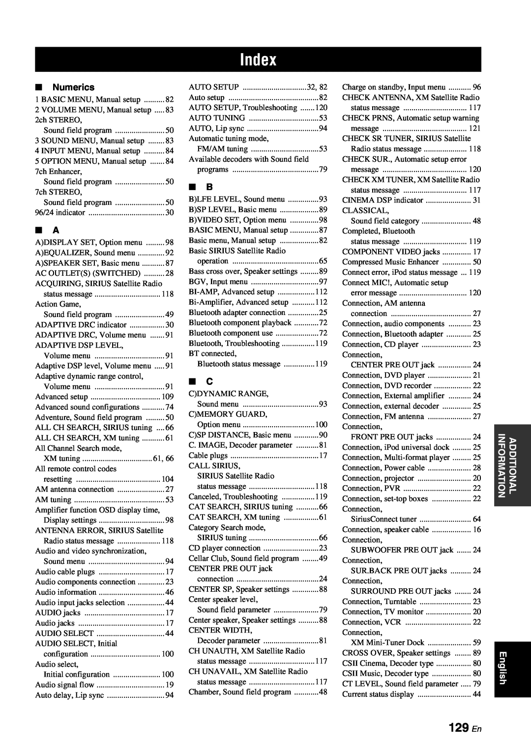 Yamaha RX-V863 owner manual Index, 129 En 