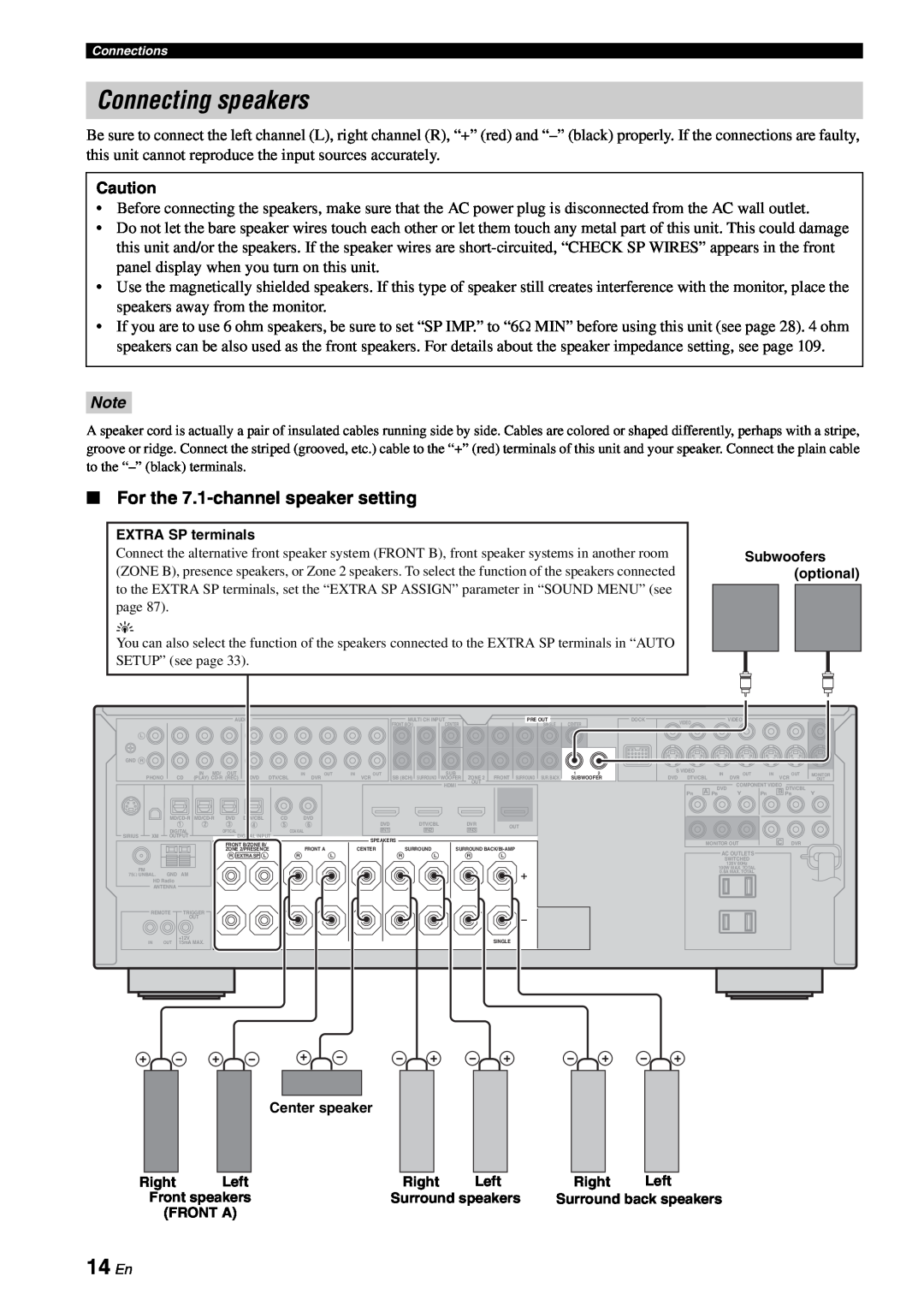 Yamaha RX-V863 owner manual Connecting speakers, 14 En, For the 7.1-channelspeaker setting 