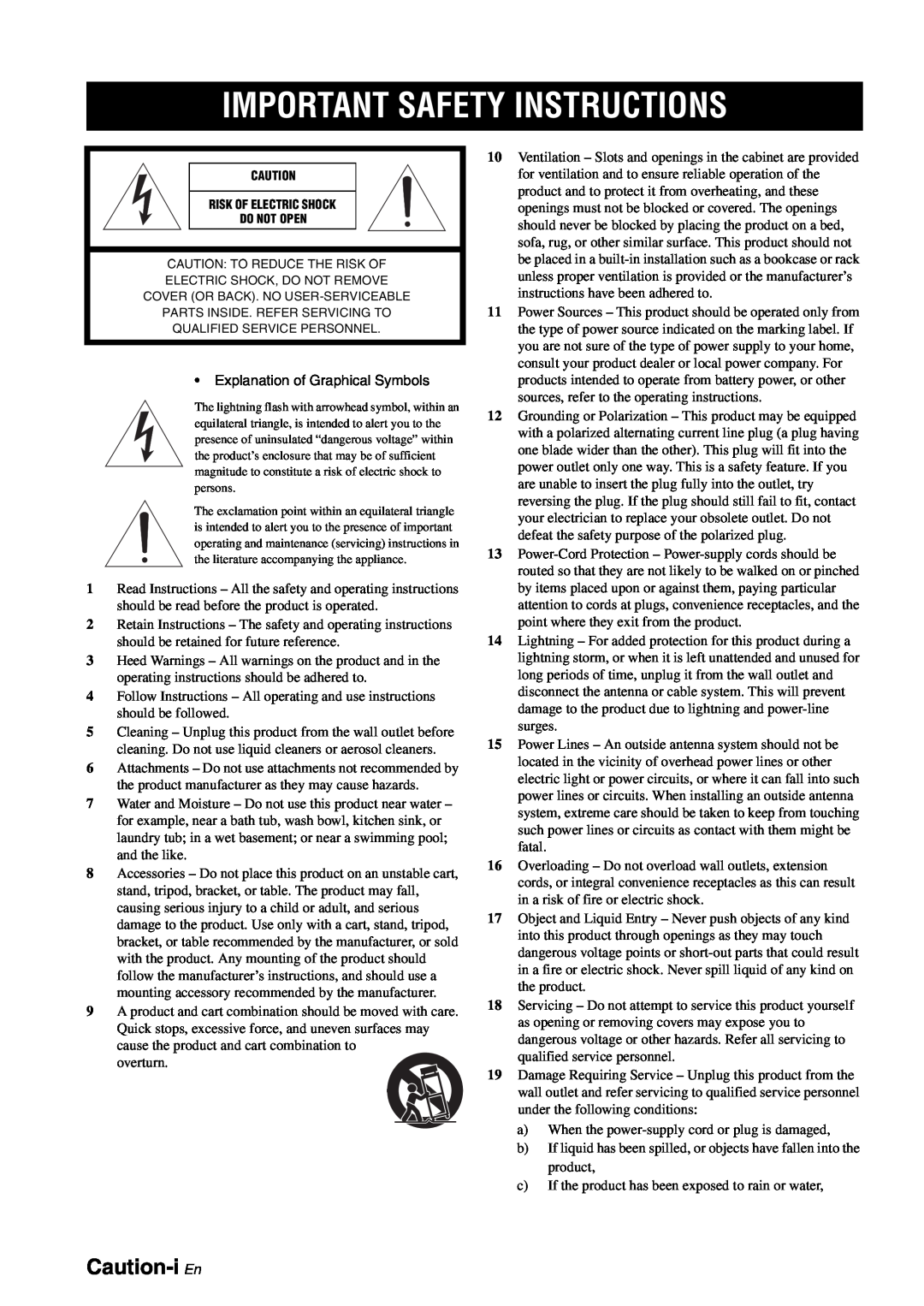 Yamaha RX-V863 owner manual Caution-i En, Important Safety Instructions 