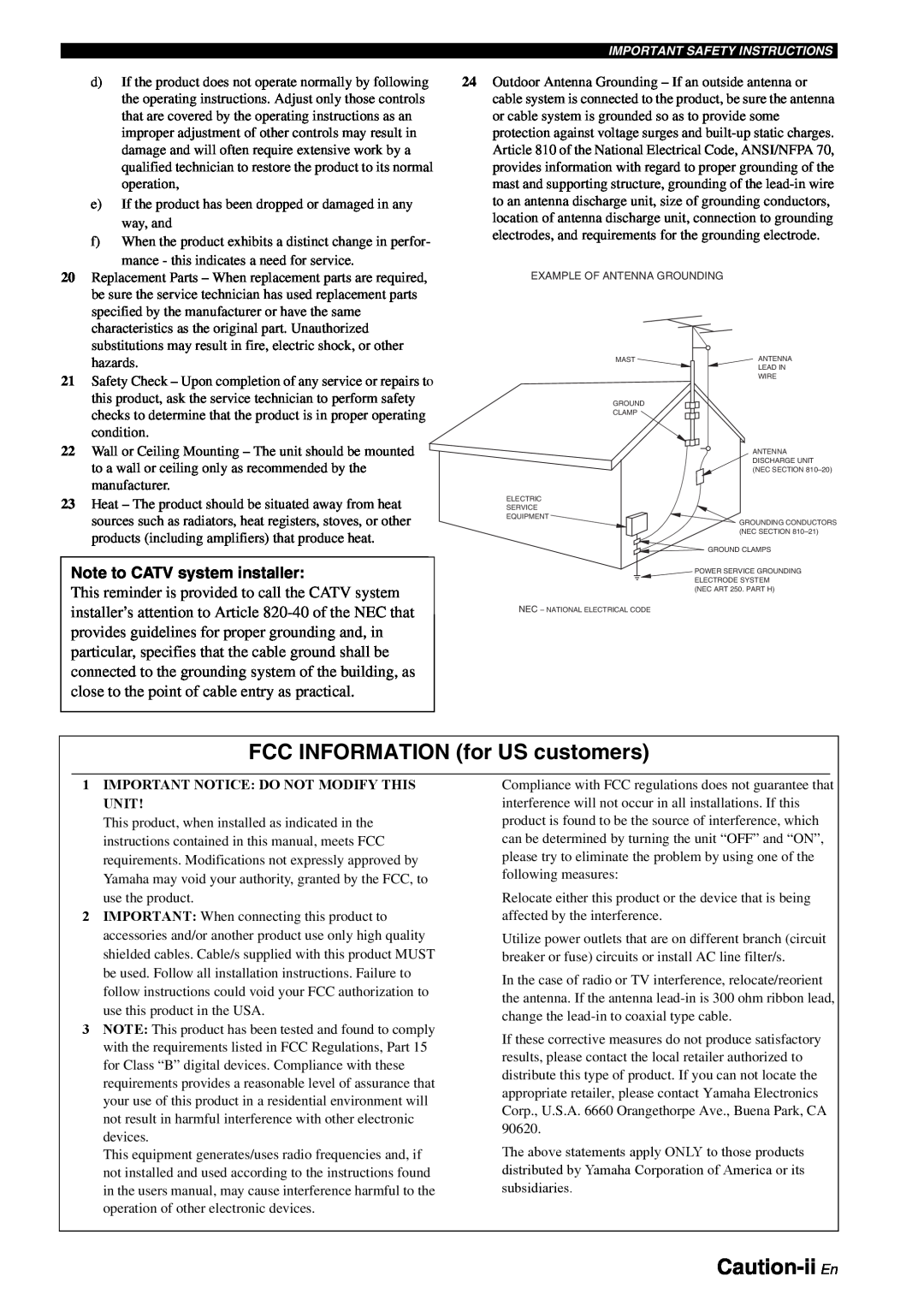 Yamaha RX-V863 owner manual FCC INFORMATION for US customers, Caution-ii En, Note to CATV system installer 