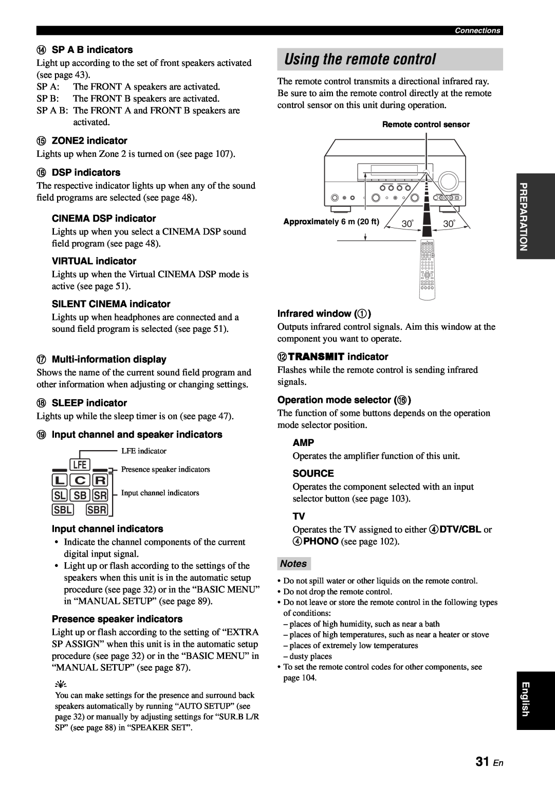 Yamaha RX-V863 owner manual Using the remote control, 31 En, L C R, Sl Sb Sr, Sbl Sbr, BTRANSMIT indicator, Notes 