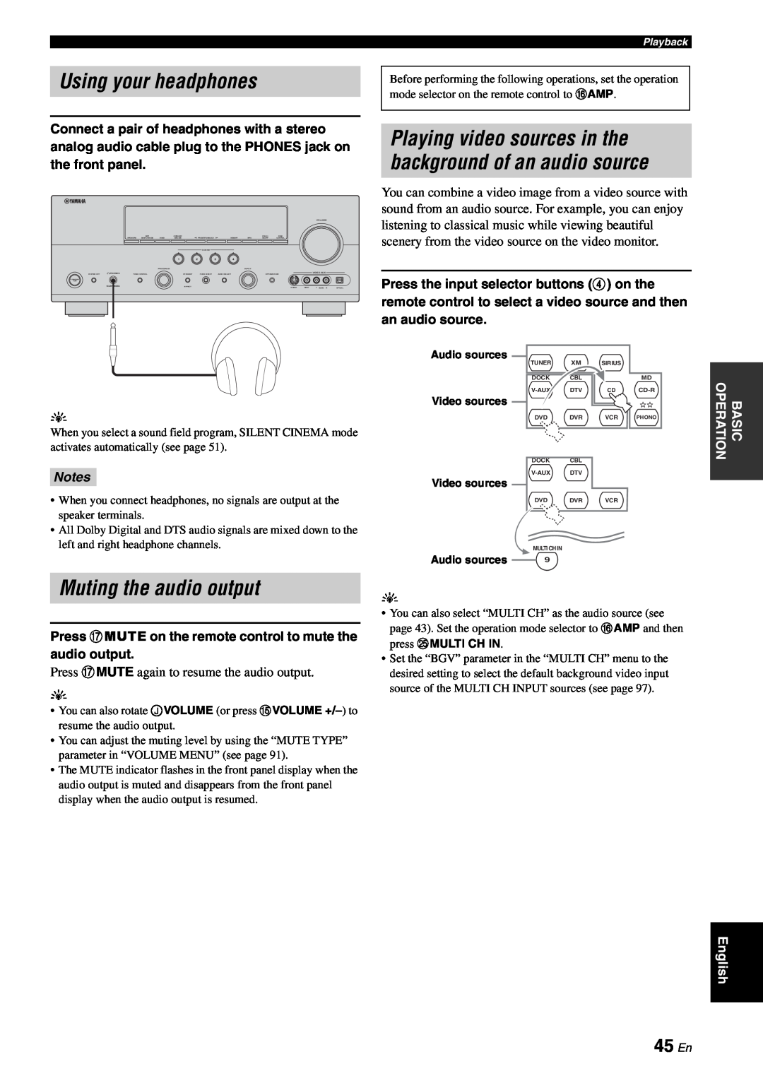 Yamaha RX-V863 owner manual Using your headphones, Muting the audio output, 45 En, Notes 