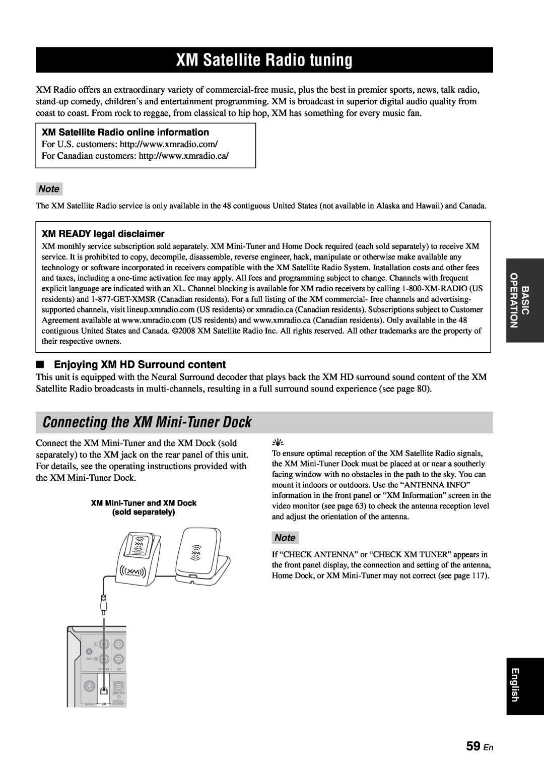 Yamaha RX-V863 XM Satellite Radio tuning, Connecting the XM Mini-TunerDock, 59 En, Enjoying XM HD Surround content 
