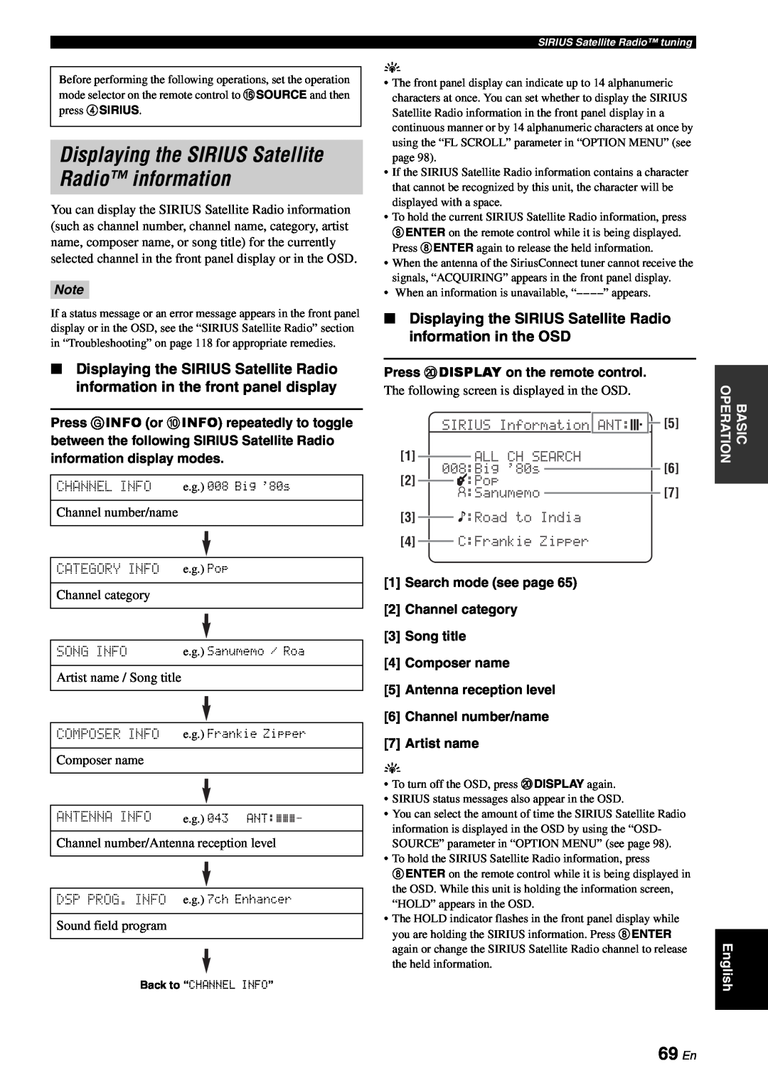 Yamaha RX-V863 owner manual Displaying the SIRIUS Satellite Radio information, 69 En 
