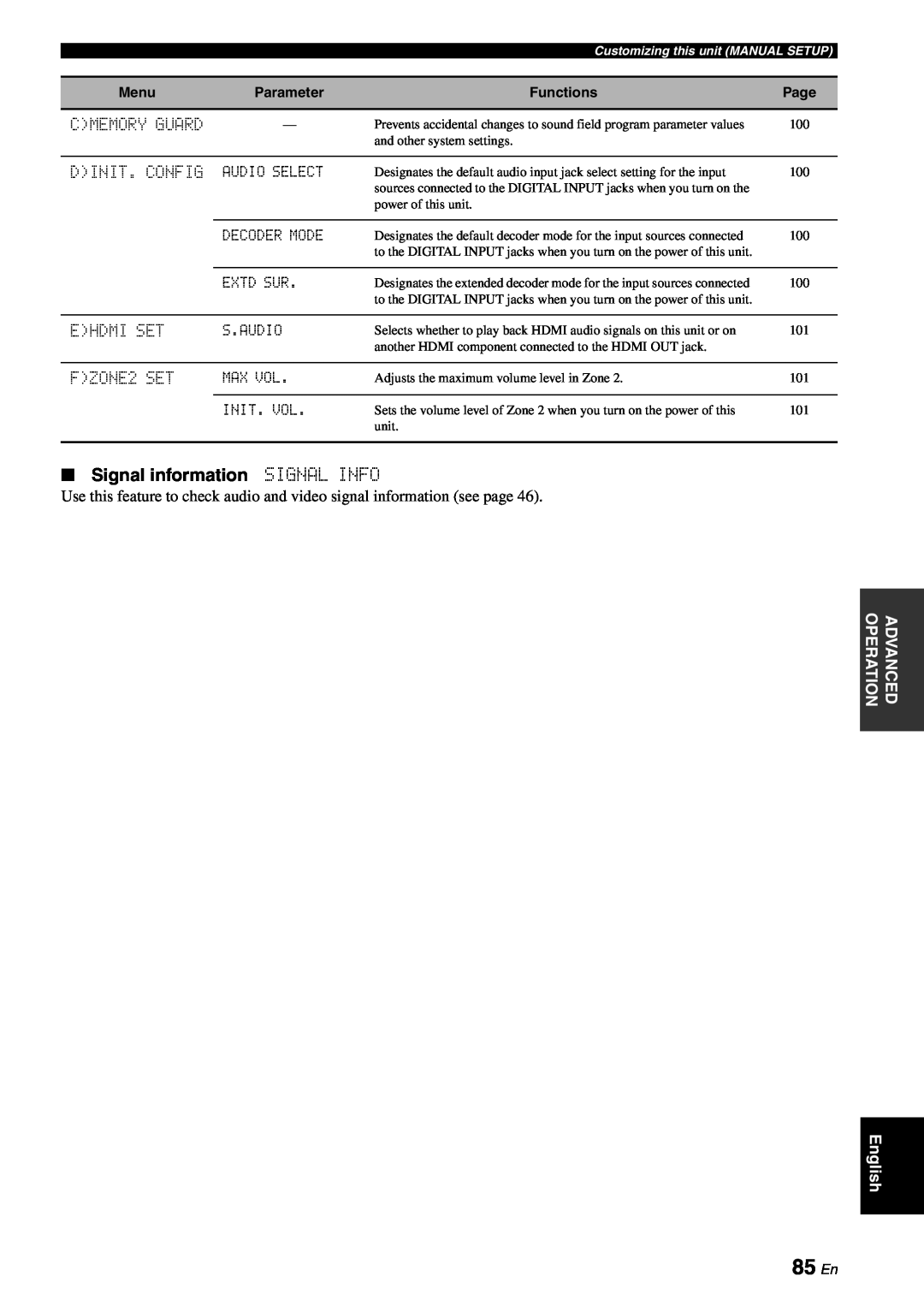 Yamaha RX-V863 owner manual 85 En, Signal information SIGNAL INFO 