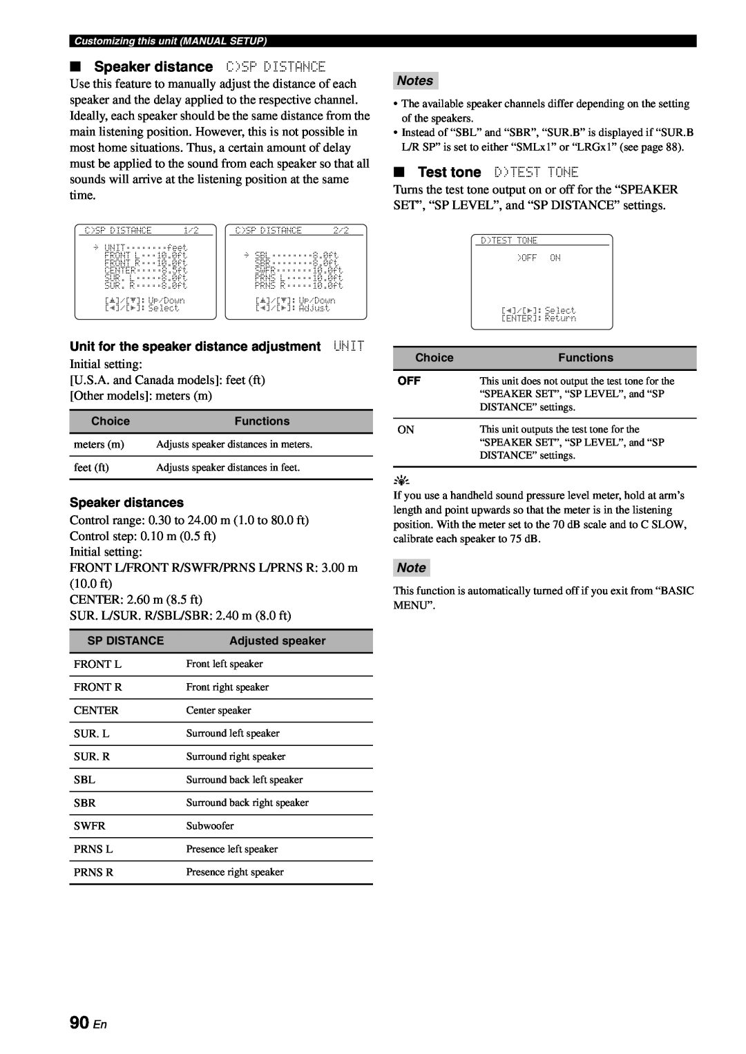 Yamaha RX-V863 owner manual 90 En, Speaker distance CSP DISTANCE, Notes 