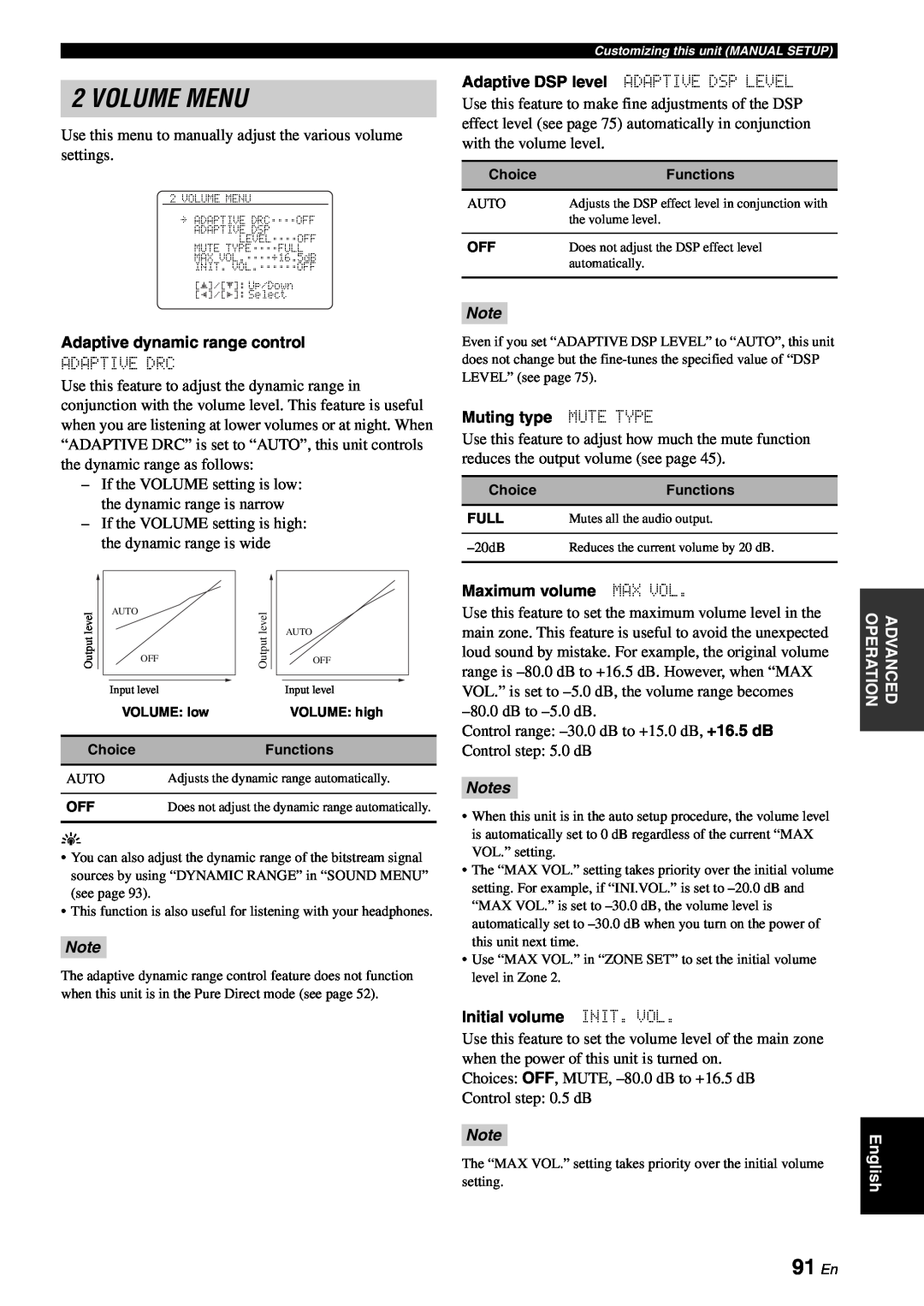 Yamaha RX-V863 owner manual Volume Menu, 91 En, Notes 