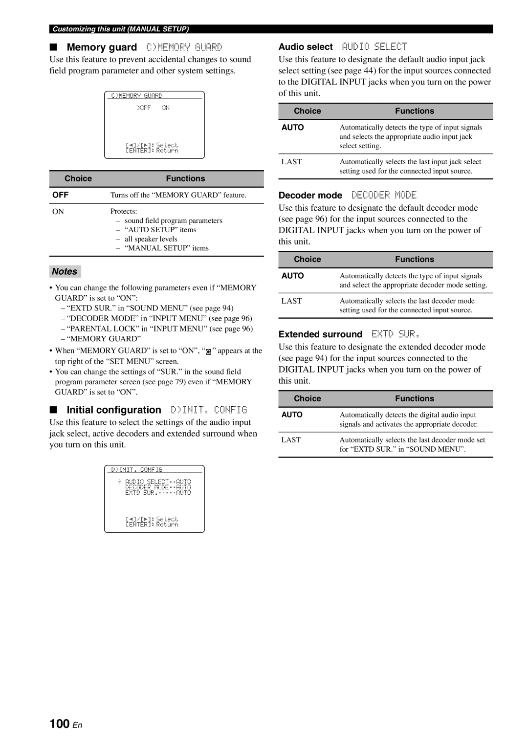 Yamaha RX-V863 owner manual 100 En, Initial configuration DINIT. CONFIG, Notes 