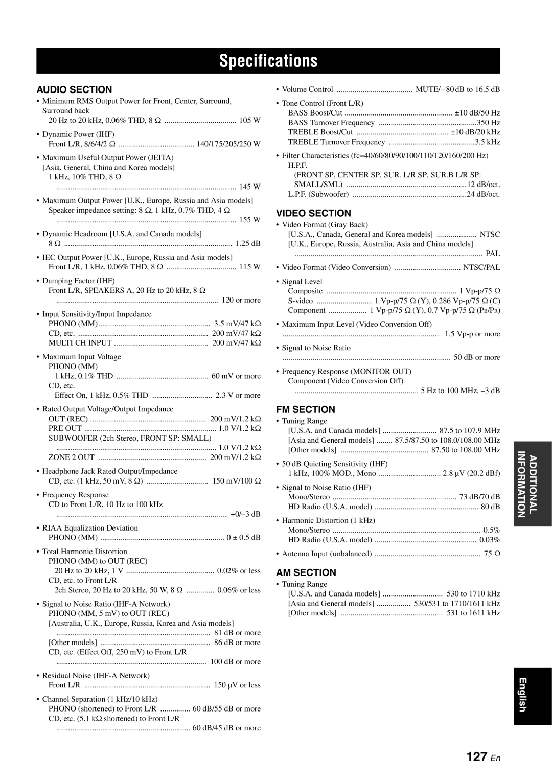 Yamaha RX-V863 owner manual Specifications, 127 En 