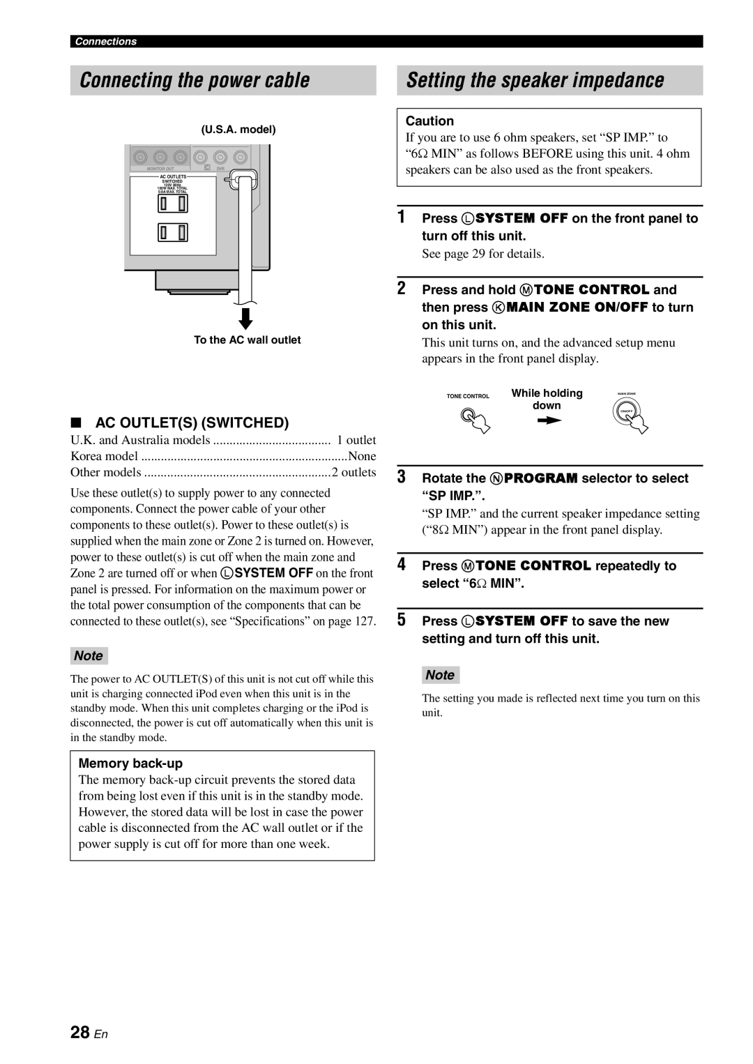 Yamaha RX-V863 owner manual 28 En, Ac Outlets Switched, Connecting the power cable, Setting the speaker impedance 