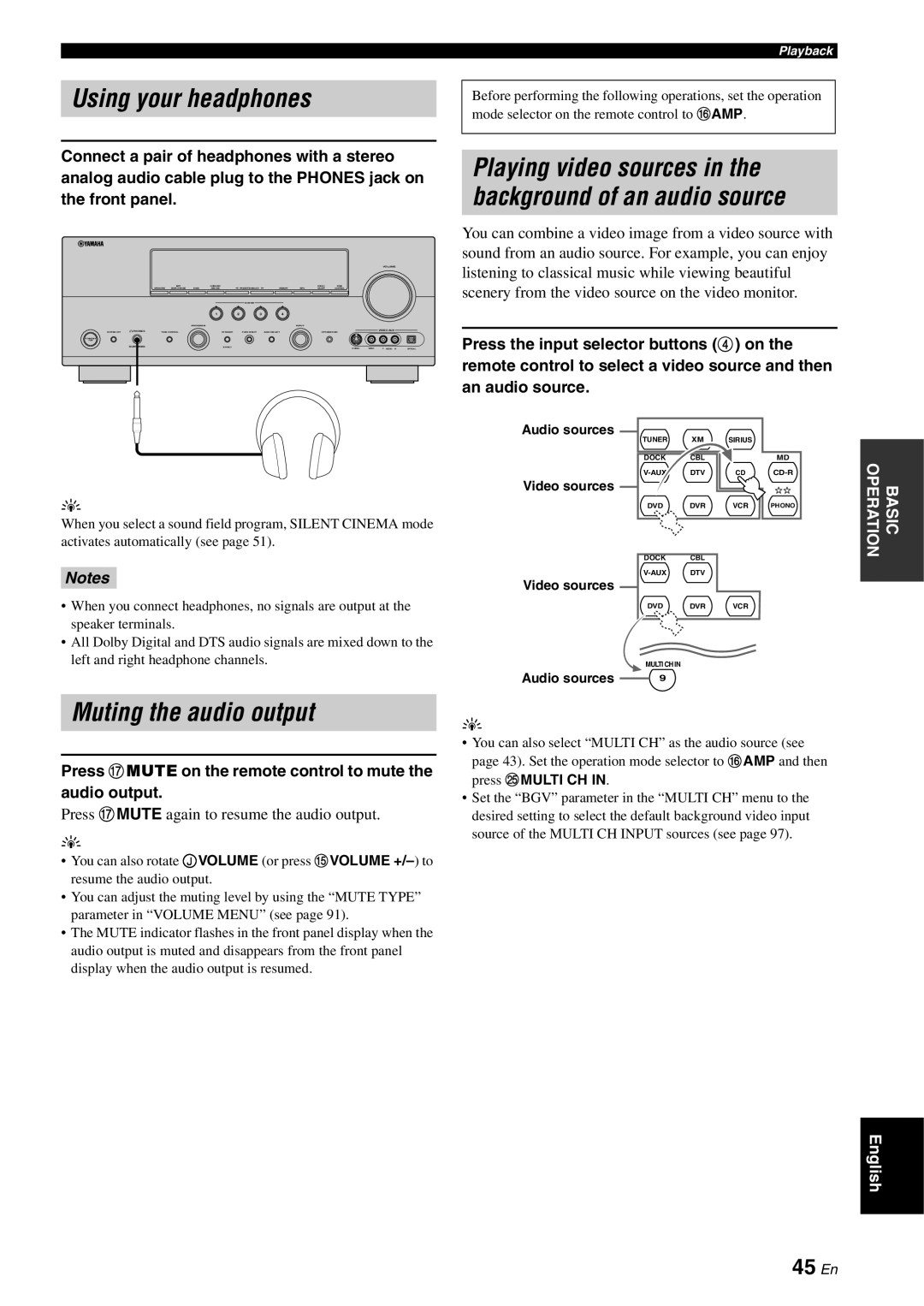 Yamaha RX-V863 owner manual Using your headphones, Muting the audio output, 45 En, Notes 