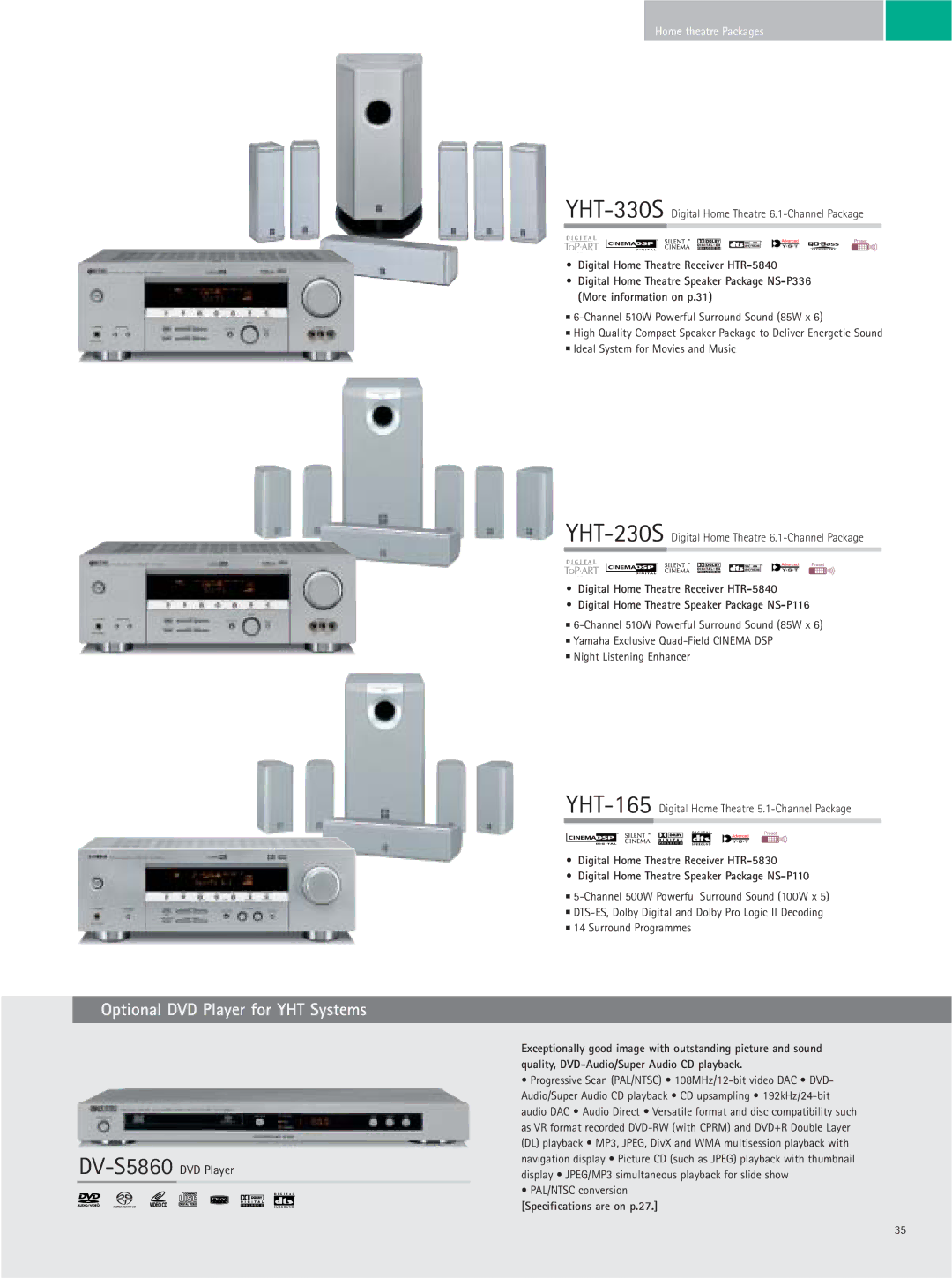 Yamaha RX-Z9 manual DV-S5860DVD Player, YHT-330SDigital Home Theatre 6.1-Channel Package, Specifications are on p.27 