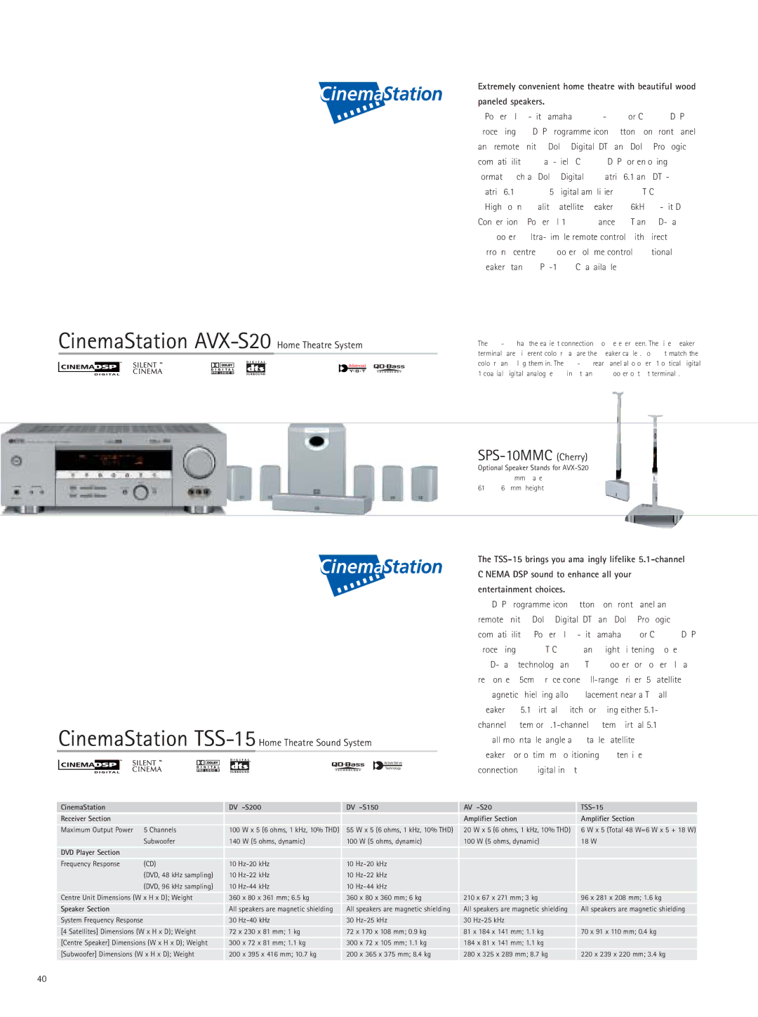 Yamaha RX-Z9 manual CinemaStation TSS-15Home Theatre Sound System, Cinema DSP sound to enhance all your 