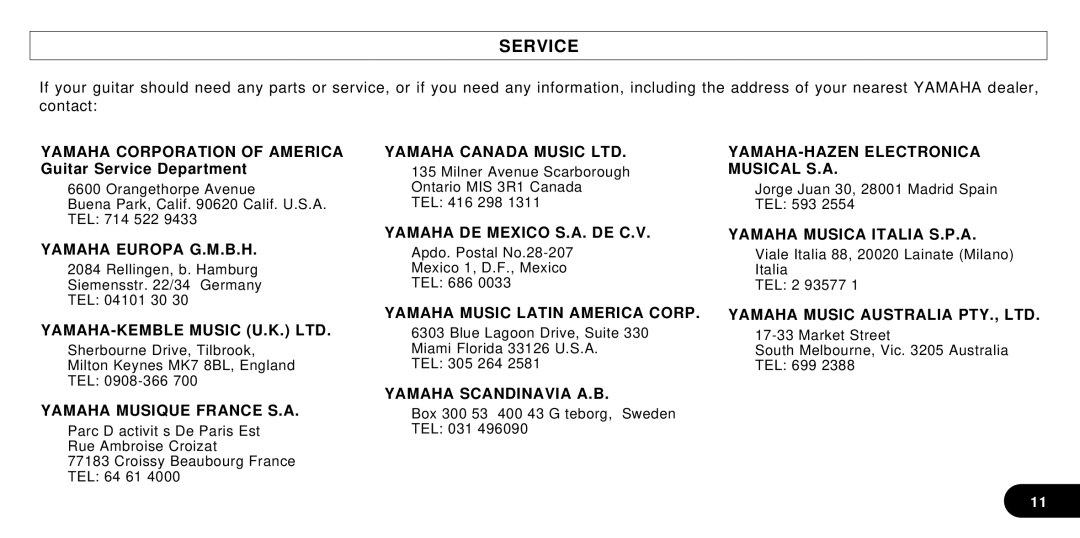 Yamaha SGV Series owner manual Yamaha Corporation of America Guitar Service Department 