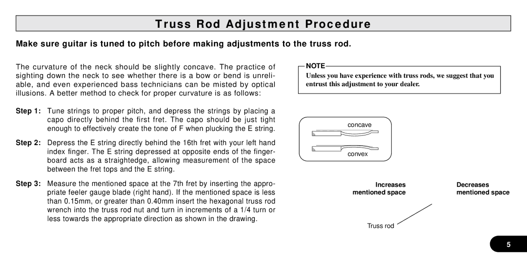 Yamaha SGV Series owner manual Truss Rod Adjustment Procedure 