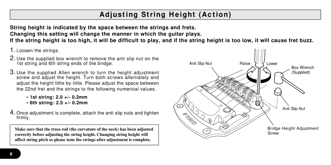 Yamaha SGV Series owner manual Adjusting String Height Action, 1st string 2.0 +/- 0.2mm 6th string 2.5 +/- 0.2mm 