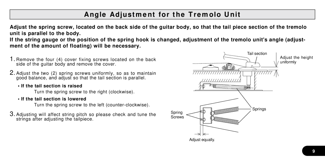 Yamaha SGV Series Angle Adjustment for the Tremolo Unit, If the tail section is raised, If the tail section is lowered 