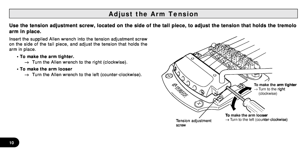 Yamaha SGV Series owner manual Adjust the Arm Tension, arm in place, To make the arm tighter, To make the arm looser 