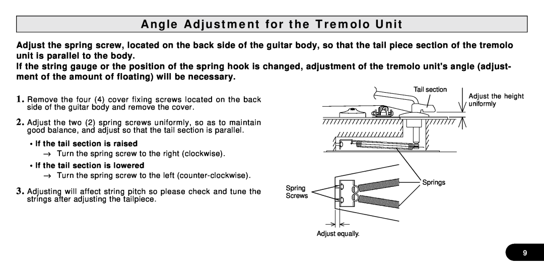 Yamaha SGV Series Angle Adjustment for the Tremolo Unit, If the tail section is raised, If the tail section is lowered 