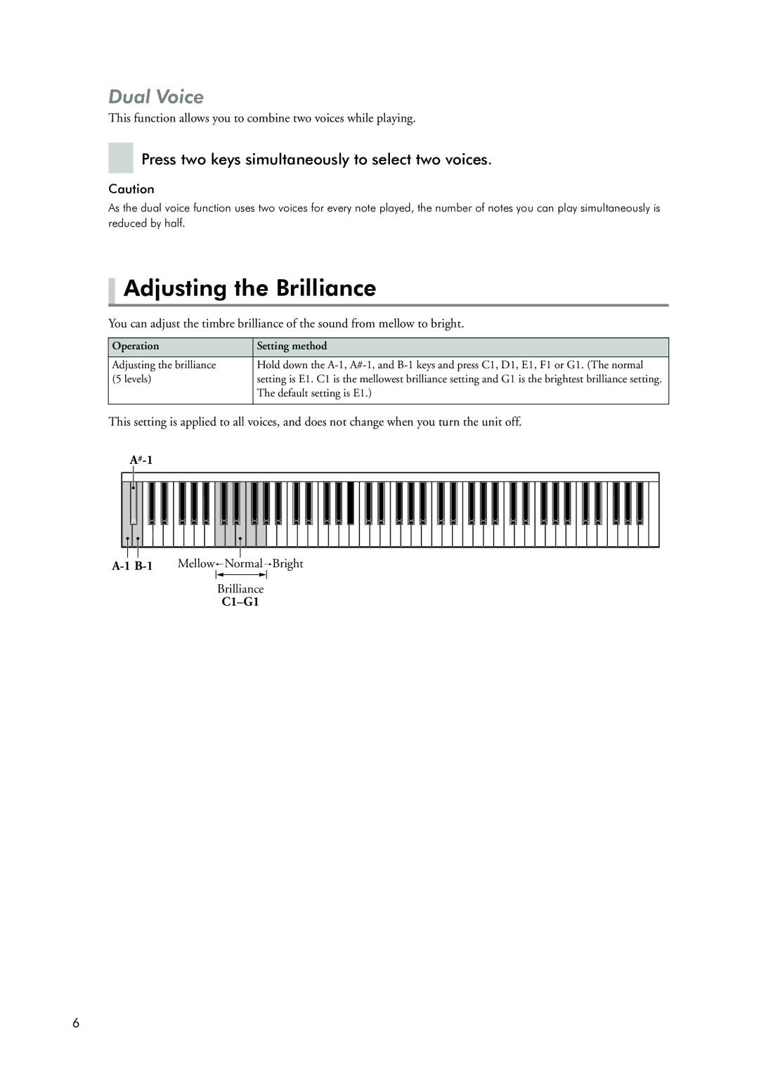 Yamaha Silent Piano Adjusting the Brilliance, Dual Voice, Press two keys simultaneously to select two voices, Bright 