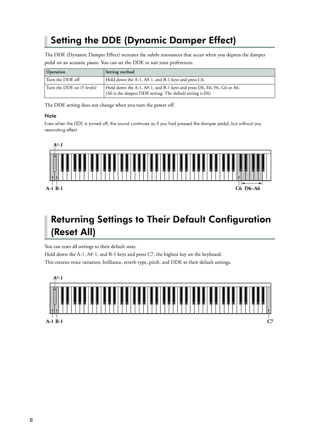 Yamaha Silent Piano Setting the DDE Dynamic Damper Effect, Returning Settings to Their Default Configuration Reset All 