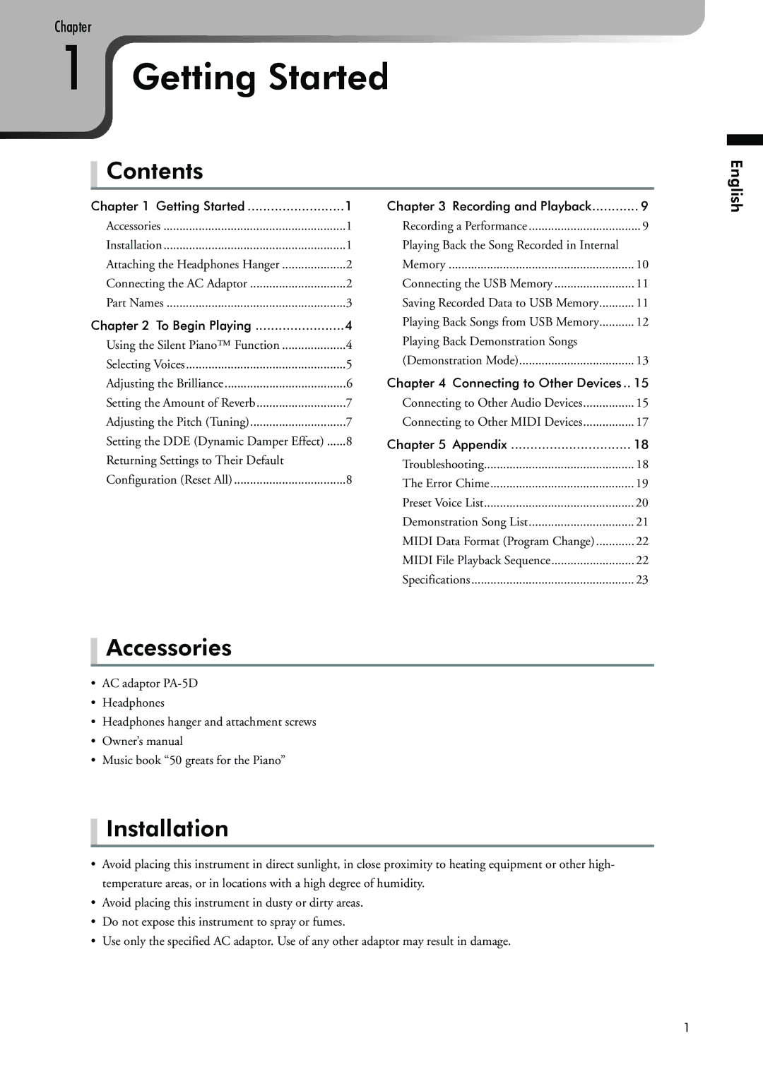 Yamaha Silent Piano owner manual Getting Started, Contents, Accessories, Installation 