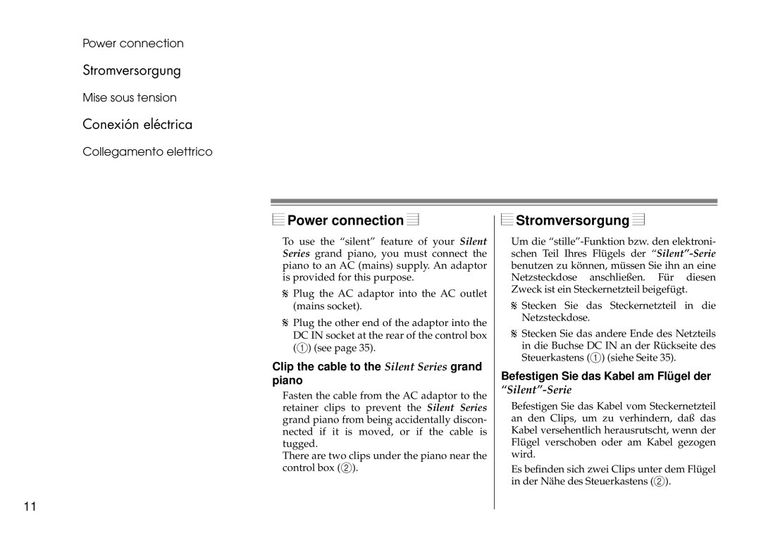 Yamaha owner manual Power connection, Stromversorgung, Clip the cable to the Silent Series grand piano 