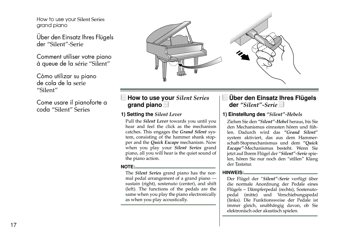 Yamaha owner manual How to use your Silent Series grand piano, Über den Einsatz Ihres Flügels, Setting the Silent Lever 