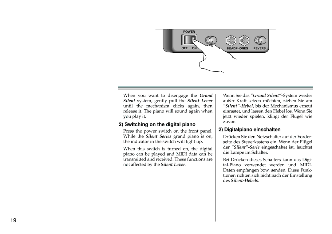 Yamaha Silent Series owner manual Switching on the digital piano, Digitalpiano einschalten 