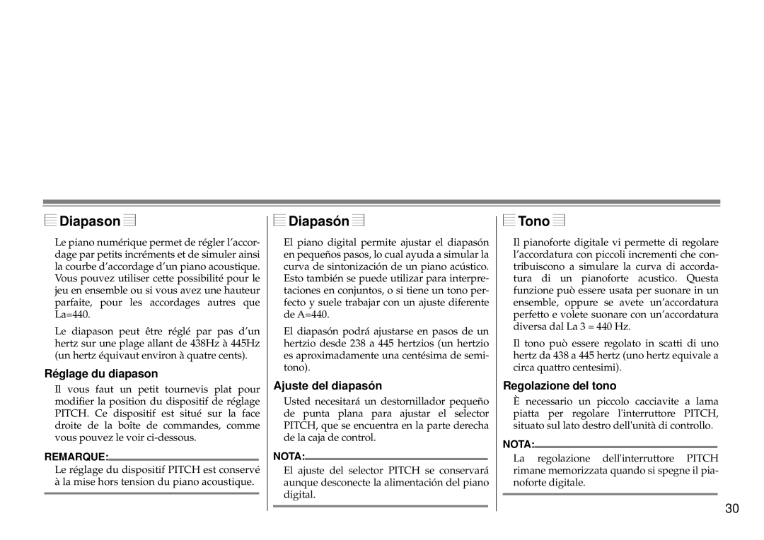 Yamaha Silent Series owner manual Diapason, Diapasón, Tono 