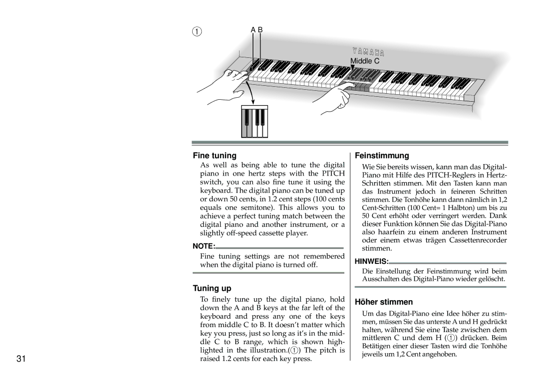 Yamaha Silent Series owner manual Fine tuning, Tuning up, Feinstimmung, Höher stimmen 