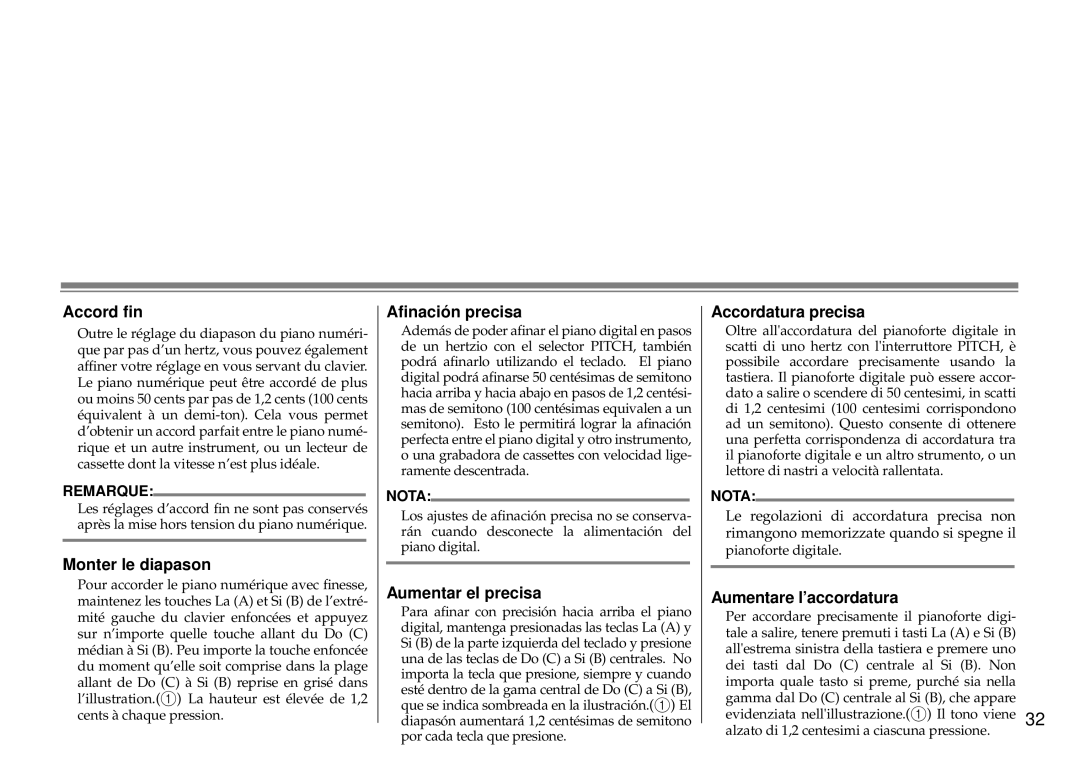 Yamaha Silent Series owner manual Accord ﬁn, Monter le diapason, Aﬁnación precisa, Aumentar el precisa, Accordatura precisa 