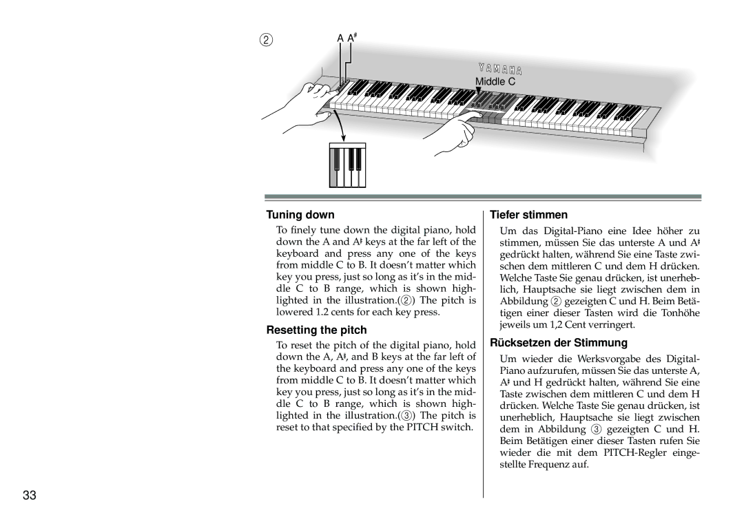 Yamaha Silent Series owner manual Tuning down, Resetting the pitch, Tiefer stimmen, Rücksetzen der Stimmung 