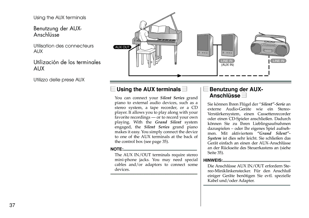 Yamaha Silent Series owner manual Using the AUX terminals, Benutzung der AUX Anschlüsse 