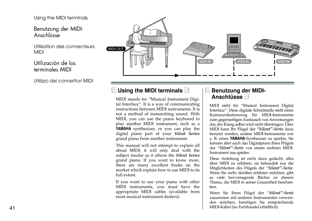 Yamaha Silent Series owner manual Using the Midi terminals, Benutzung der Midi Anschlüsse 