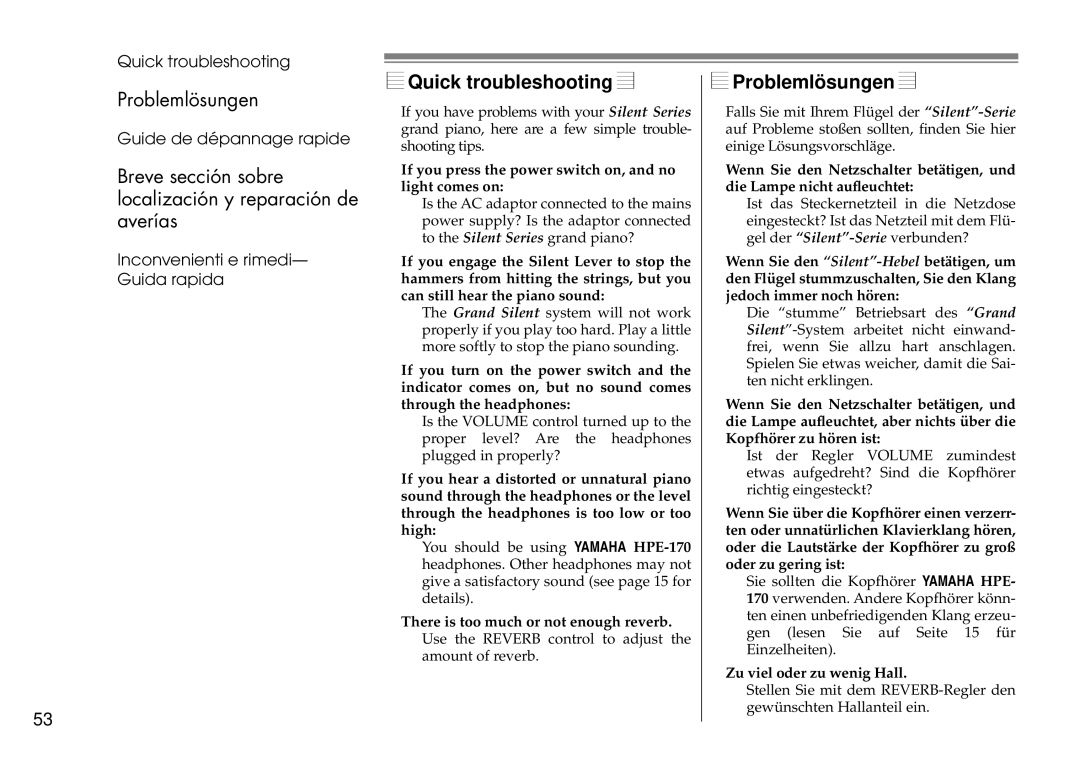 Yamaha Silent Series owner manual Quick troubleshooting, Problemlösungen 