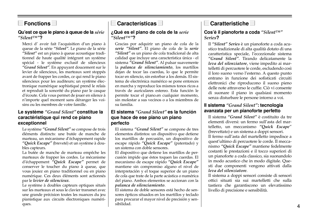 Yamaha Silent Series owner manual Fonctions, Características, Caratteristiche, ¿Qué es el piano de cola de la serie Silent? 