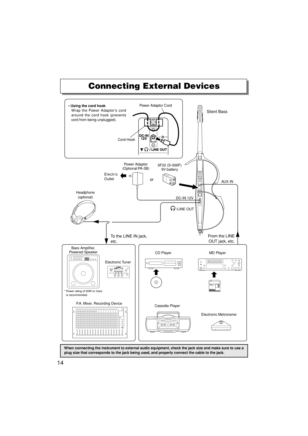 Yamaha SLB-100 owner manual Connecting External Devices, Silent Bass 