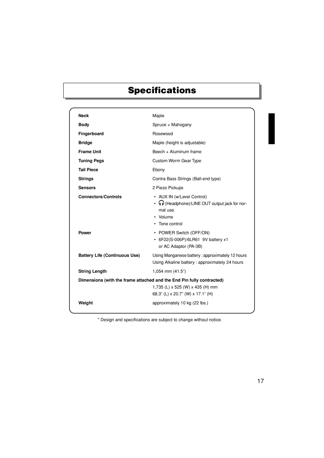 Yamaha SLB-100 owner manual Specifications, Battery Life Continuous Use 