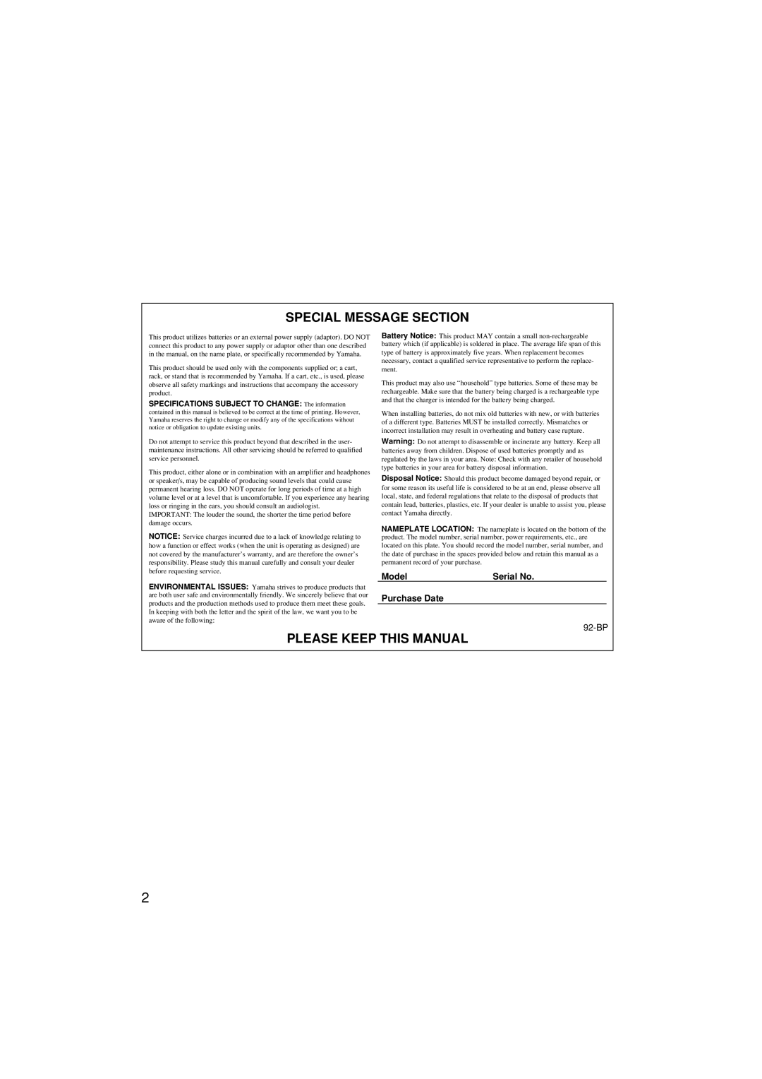 Yamaha SLB-100 owner manual Special Message Section 