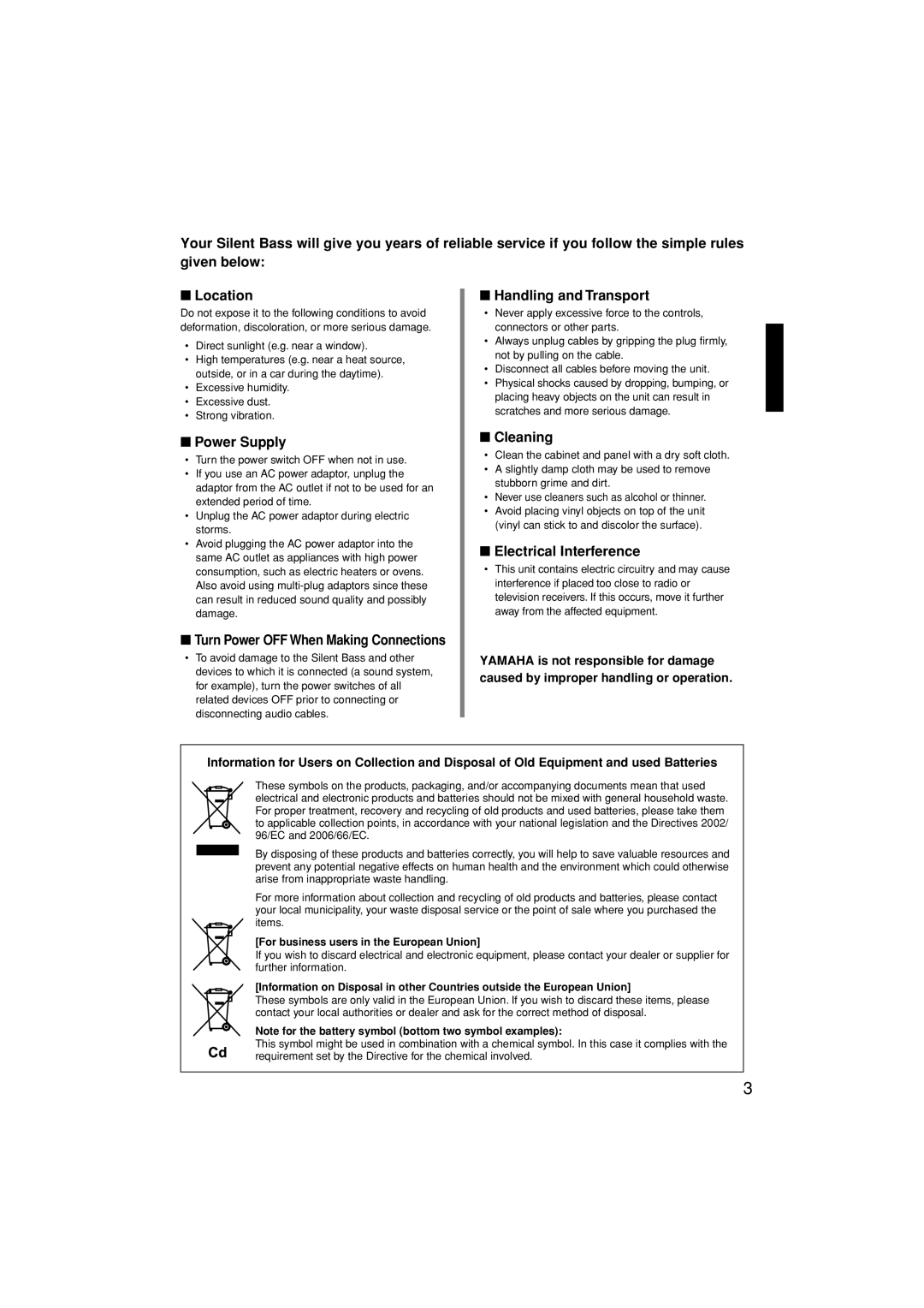 Yamaha SLB-100 Turn Power OFF When Making Connections, Handling and Transport, Cleaning, Electrical Interference 